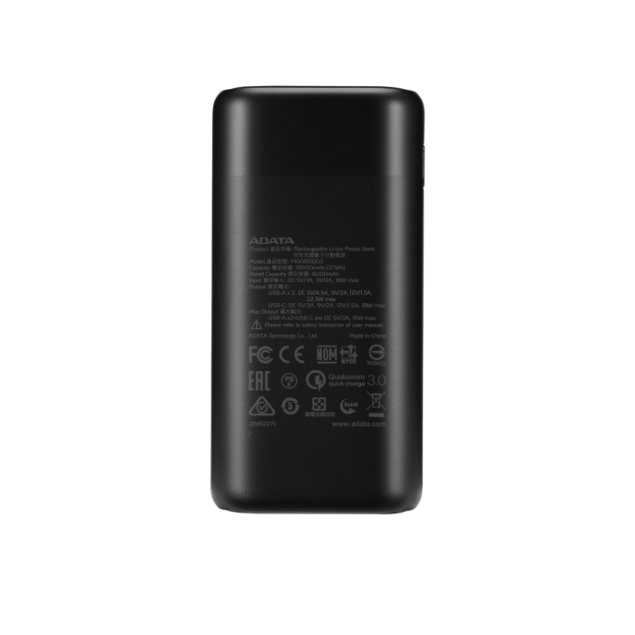 ADATA P10000QCD 10,000mAh Power Bank, Quick Charge, Power Delivery, 1x USBC, 2x USBA, 37Wh