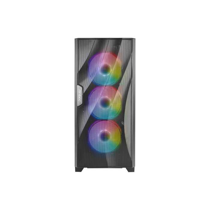 Antec DF700 FLUX ATX Mid Tower Case showcasing ARGB lighting, mesh design, and tempered glass panel