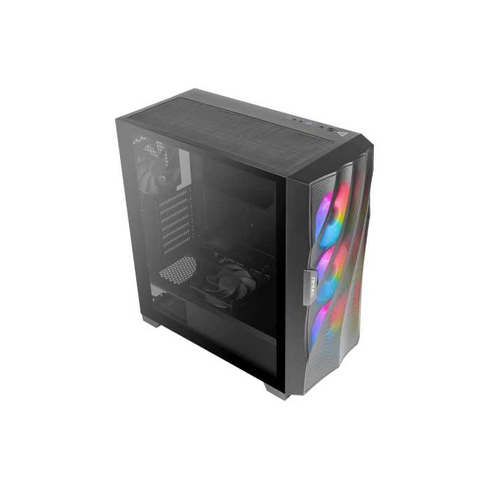 Antec DF700 FLUX ATX Mid Tower Case showcasing ARGB lighting, mesh design, and tempered glass panel